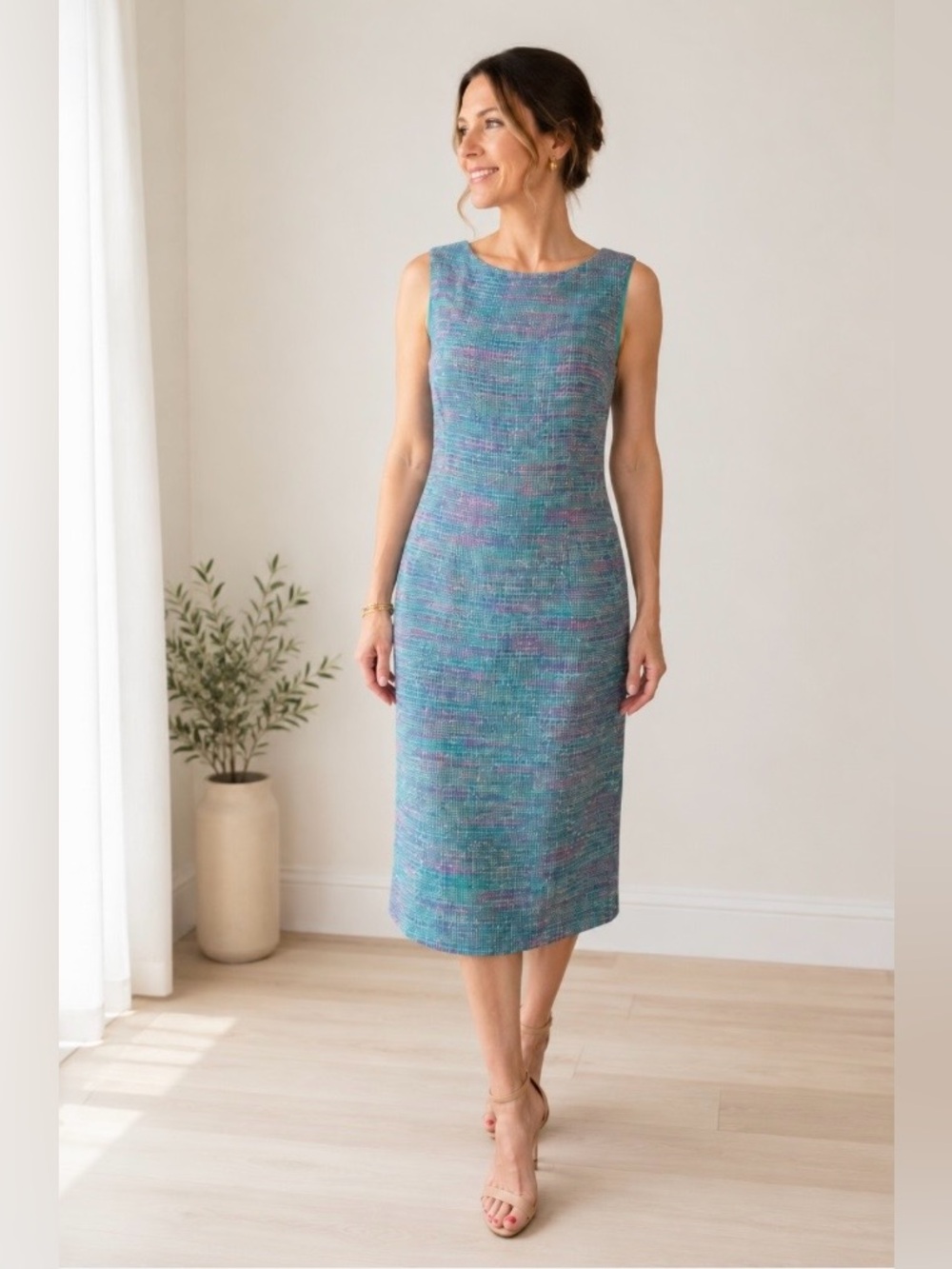 Donna Morgan Sleeveless Dress Sz 10 Purple Teal Silk Blend Boucle Tweed Career